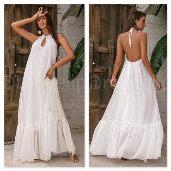 Rouge! Dresses & Skirts - White Flowy Halter Cutout Maxi Flared Dress Backless Open Back